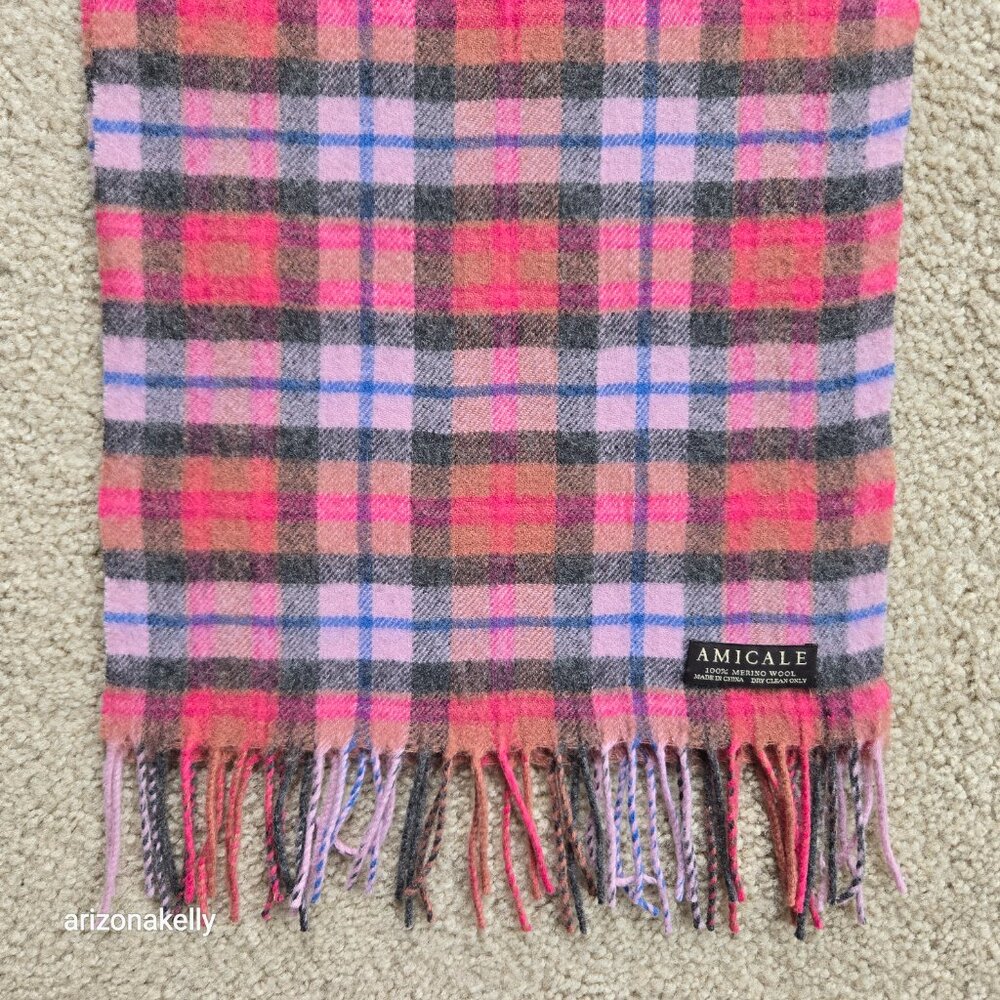 NWOT Amicale 100% Merino Wool Pink Plaid Scarf